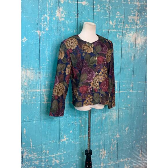 Inseparables vintage padded shoulders floral tapestry buttoned blouse size M - Picture 8 of 9